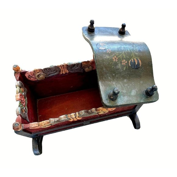 Hand Painted Solid Wood Rocking Baby Doll Cradle Crib American Folk Art Vintage